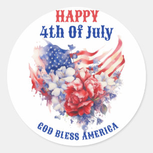 Blue Red Happy 4th of July watercolor Classic Round Sticker