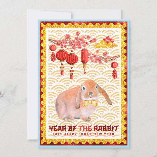Blue Red Happy Lunar New Year of the Rabbit Photo Holiday Card (Front)