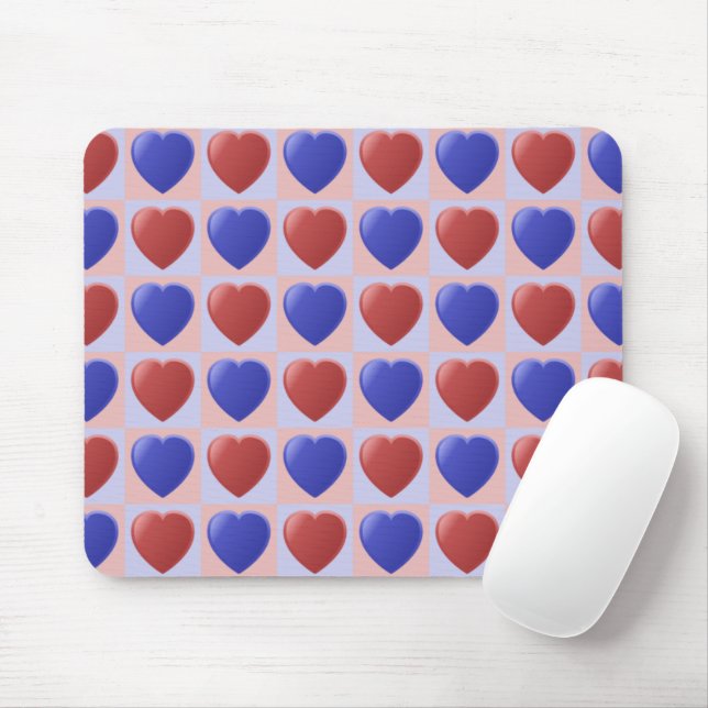 Blue Red Heart Chequered pattern Valentine Mouse Mat (With Mouse)