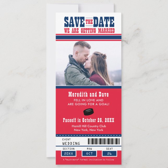 Blue Red Hockey Ticket Wedding Save the Date (Front)