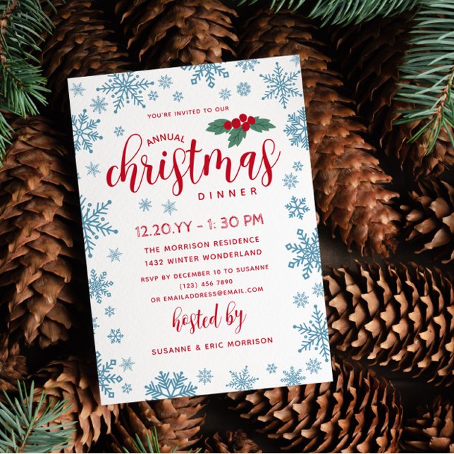 Blue Red Holly Snowflakes Christmas Dinner Invitation (Creator Uploaded)