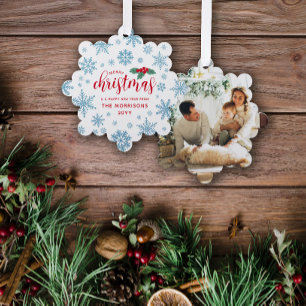 Blue Red Holly Snowflakes Merry Christmas Photo Tree Decoration Card