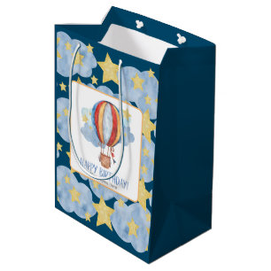 Blue Red Hot Air Balloon Stars Kids Happy Birthday Medium Gift Bag