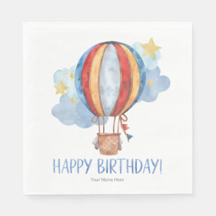 Blue Red Hot Air Balloon Stars Kids Happy Birthday Napkin