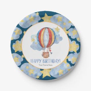 Blue Red Hot Air Balloon Stars Kids Happy Birthday Paper Plate