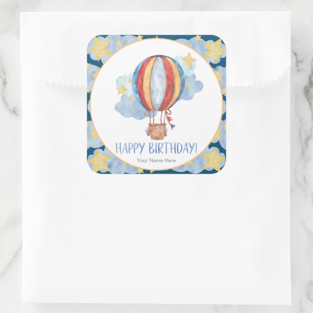 Blue Red Hot Air Balloon Stars Kids Happy Birthday Square Sticker (Bag)