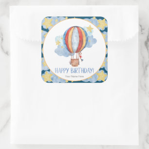 Blue Red Hot Air Balloon Stars Kids Happy Birthday Square Sticker