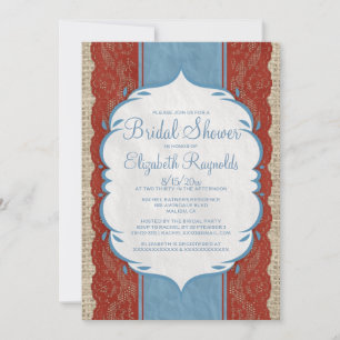 Blue Red Linen Burlap Lace Bridal Shower Invites