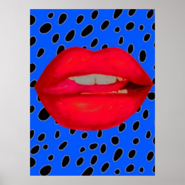 blue red lips leopard art print rockabilly poster (Front)