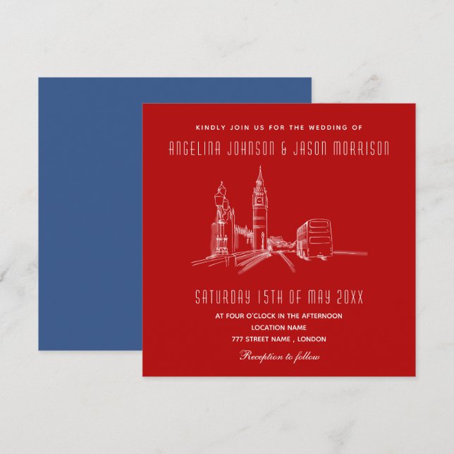 Blue Red London Wedding Invitation (Front/Back)