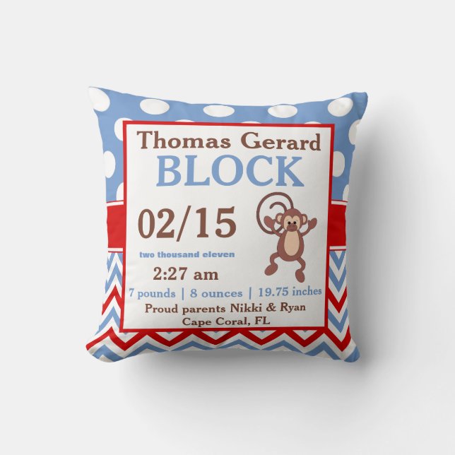Blue Red Monkey Personalised Baby Announcement Cushion (Front)