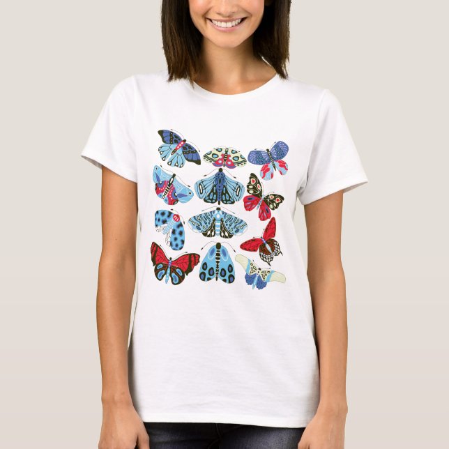 Blue Red Moth and Butterfly T-Shirt (Front)