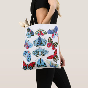 Blue Red Moth and Butterfly Tote Bag