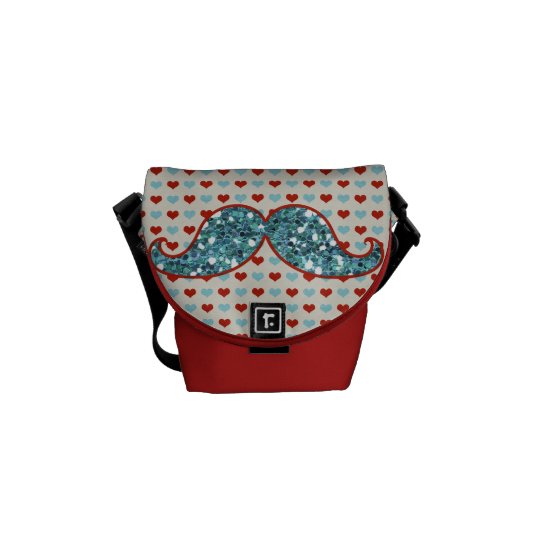 BLUE RED MUSTACHE AND HEARTS GLITTER MESSENGER BAG