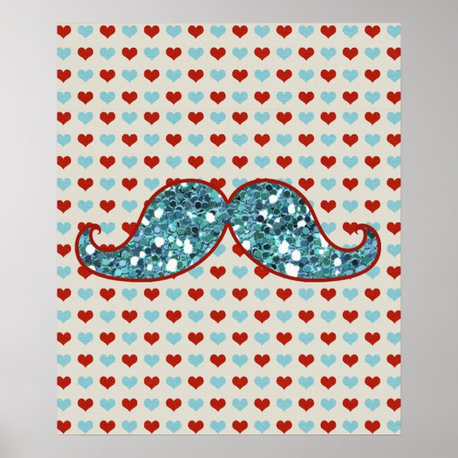 BLUE RED MUSTACHE AND HEARTS GLITTER POSTER (Front)