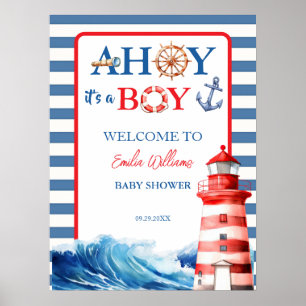 Blue Red Nautical Ahoy Boy Lighthouse Baby Shower  Poster