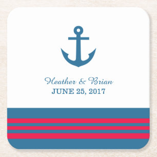 Blue Red Nautical Anchor Wedding Paper Coasters