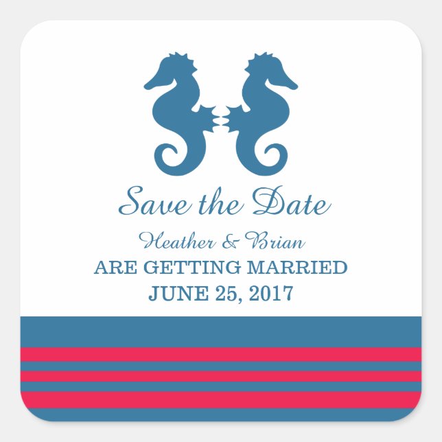 Blue Red Nautical Seahorse Save the Date Square Sticker (Front)