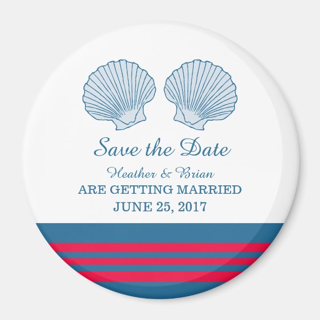 Blue Red Nautical Seashells Save the Date Magnet (Front)