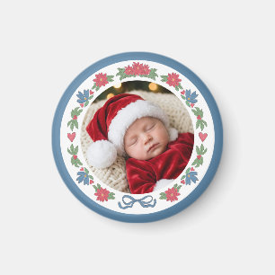 Blue Red Nordic Folk Frame Round Photo Magnet