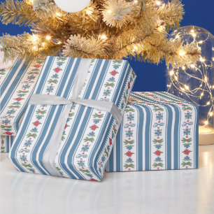 Blue Red Nordic Folk Stripes Christmas Wrapping Paper