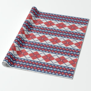 Blue & Red Nordic Sweater Pattern Argyle Christmas Wrapping Paper