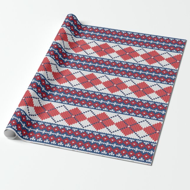 Blue & Red Nordic Sweater Pattern Argyle Christmas Wrapping Paper (Unrolled)