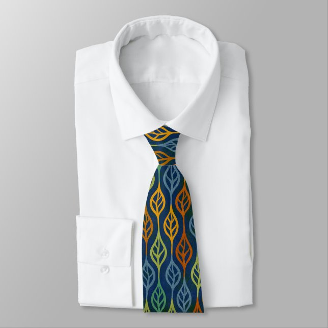 Blue Red Orange Green Teal Fall Leaves Pattern Tie (Tied)