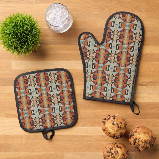 Blue Red Orange Taupe Brown Black Tribal Art Oven Mitt & Pot Holder Set (Top Down)