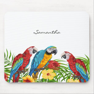 Blue red parrots birds white name mouse mat