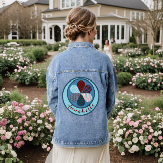 BLUE RED PATCHWORK STYLIZED FLOWER SHAPE ART NAME DENIM JACKET