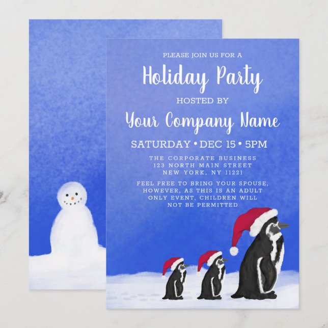 Blue Red Penguin Santa Family Corporate Holiday Invitation (Front/Back)