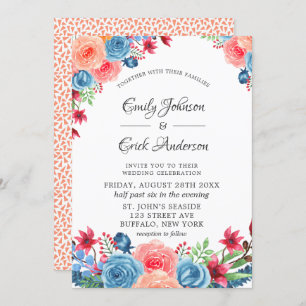 Blue Red Pink Orange Peony Wedding Invitation