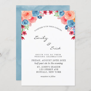 Blue Red Pink Orange Watercolor Peony Wedding  Inv Invitation