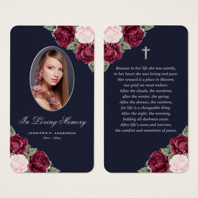 Blue Red Pink Roses Silver Funeral Prayer Card (Front & Back)