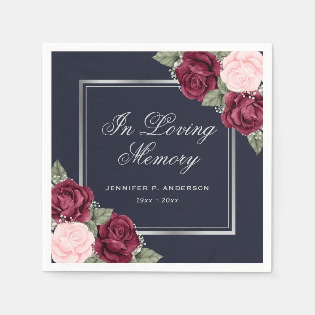 Blue Red Pink Silver Floral Funeral Memorial Napkin (Front)