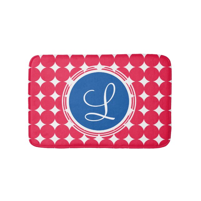 Blue & Red Polka Dot Monogram Bath Mat (Front)