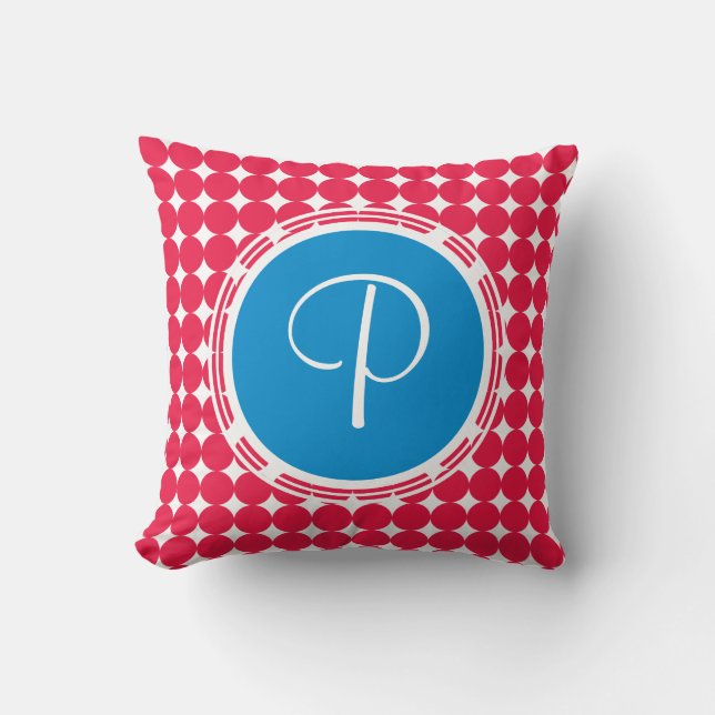 Blue & Red Polka Dot Monogram Cushion (Front)