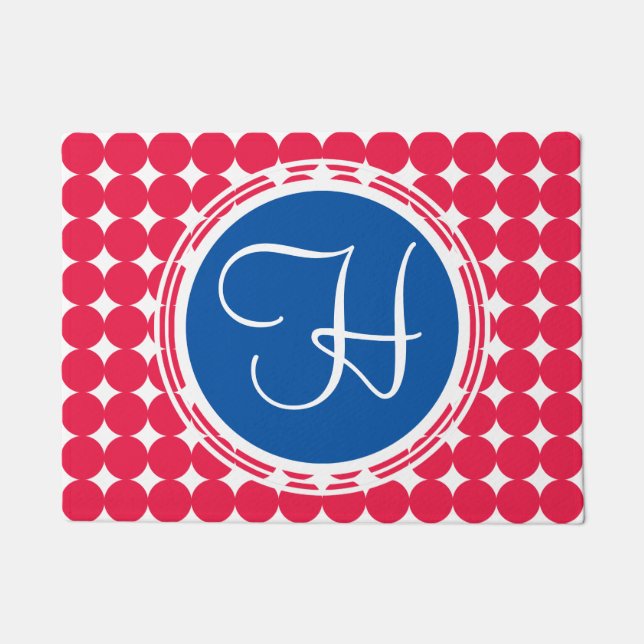 Blue & Red Polka Dot Monogram Doormat (Front)