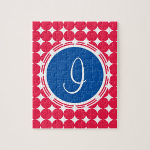 Blue & Red Polka Dot Monogram Jigsaw Puzzle