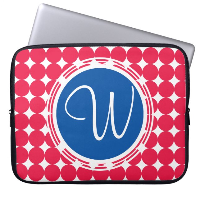 Blue & Red Polka Dot Monogram Laptop Sleeve (Front)