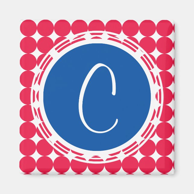 Blue & Red Polka Dot Monogram Magnet (Front)