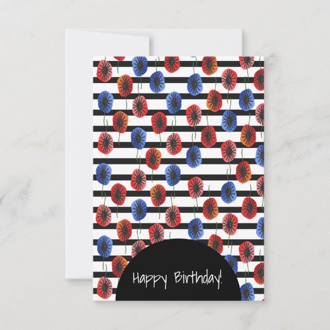 Blue Red Poppy Floral Happy Birthday Any Occassion Card (Front)