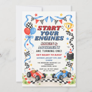 Blue & Red Race Car Sibling Start Engines Birthday Invitation