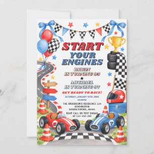 Blue & Red Race Car Sibling Start Engines Birthday Invitation
