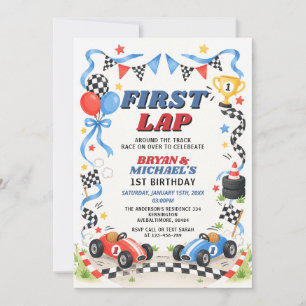 Blue & Red Race Car Twin Sibling 1st Lap Birthday Invitation