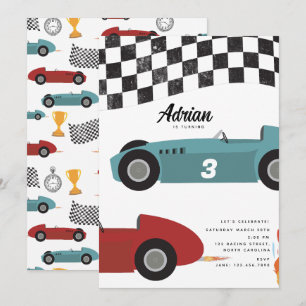 Blue Red Race Fast Retro Racing Cars Birthday Invitation
