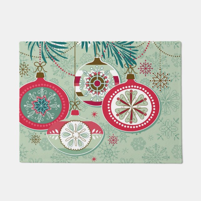 Blue & Red Retro Christmas Ornaments Doormat (Front)