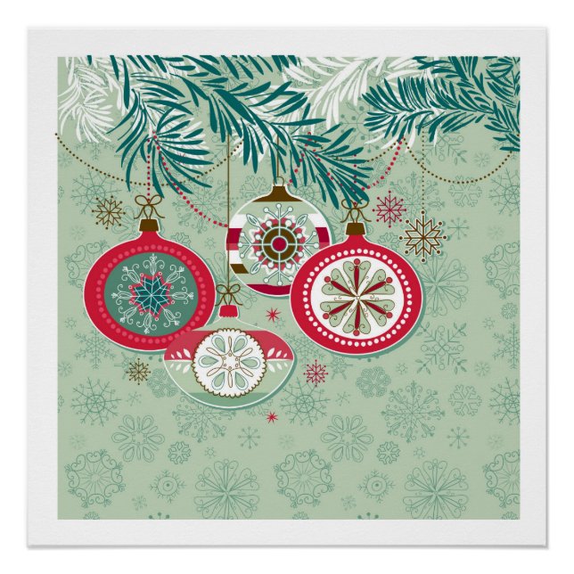 Blue & Red Retro Christmas Ornaments Poster (Front)