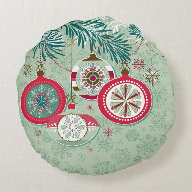 Blue & Red Retro Christmas Ornaments Round Cushion (Back)